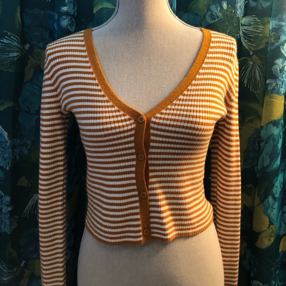 Mustard and white striped button sweater
